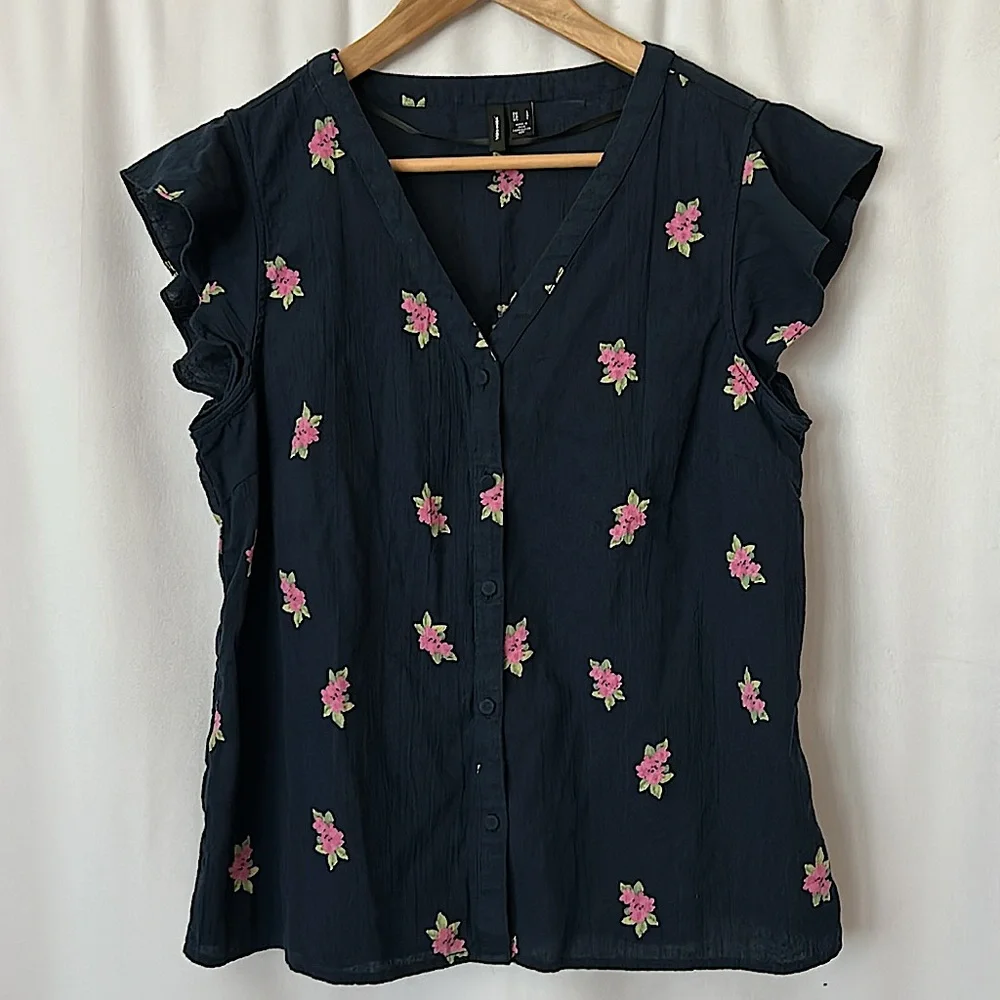 Vero Moda Navy Blue Floral Cap Short Sleeve Cotton Shirt Top **Size L** 🌸🌸 - Picture 1 of 4